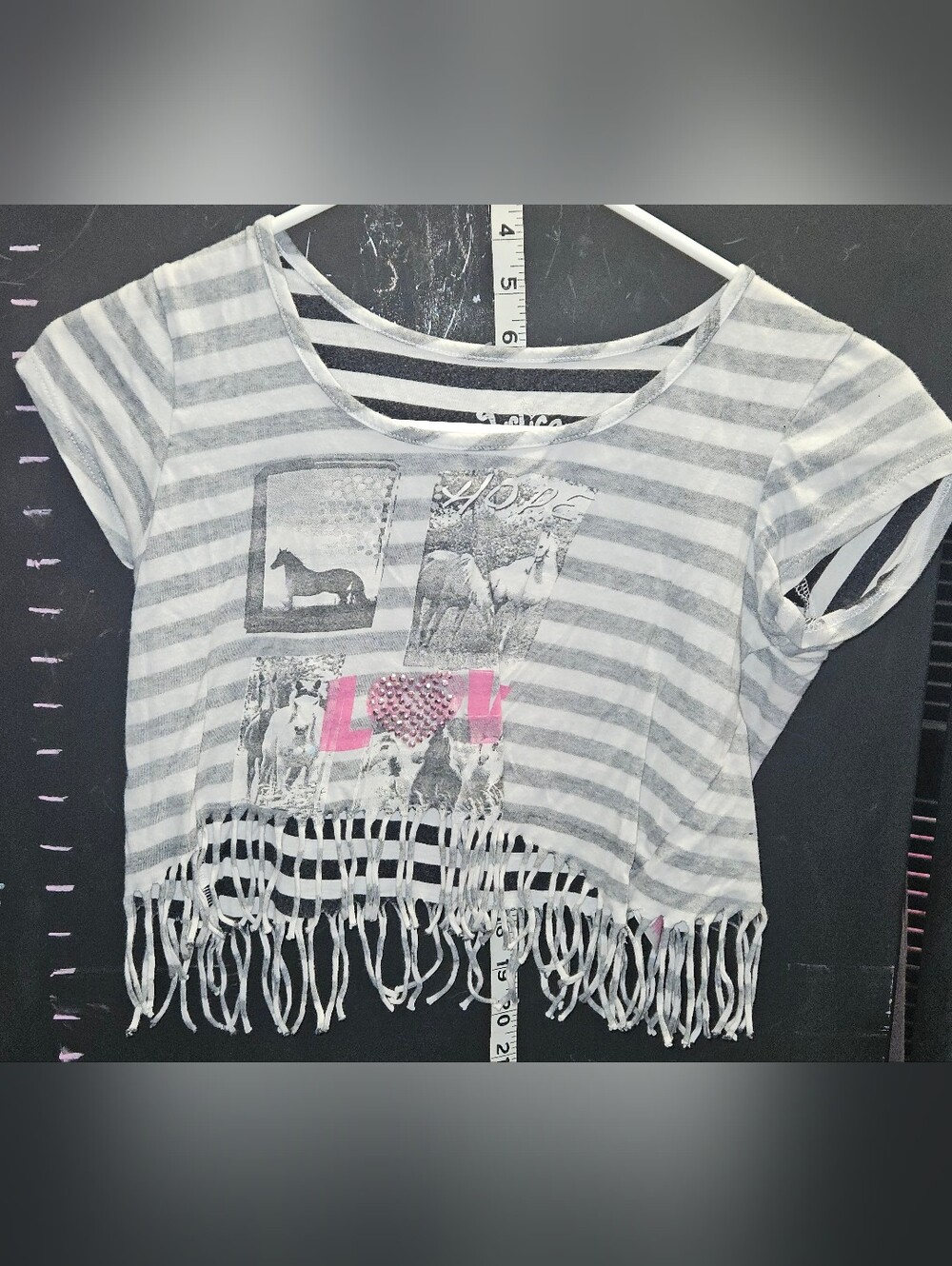 Justice White & Gray Stripe Fringe Tee with Horse Graphic & Pink Accent Size 10